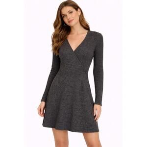 Women’s Ribbed Knit Mini Dress Long Sleeve V Neck Wrap Style Fit Flare Gray M